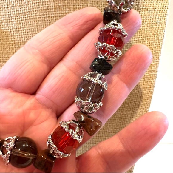 Genuine Gemstone & Glass Bead Necklace- silver tone w/ tigers eye / red & gray - Picture 9 of 10